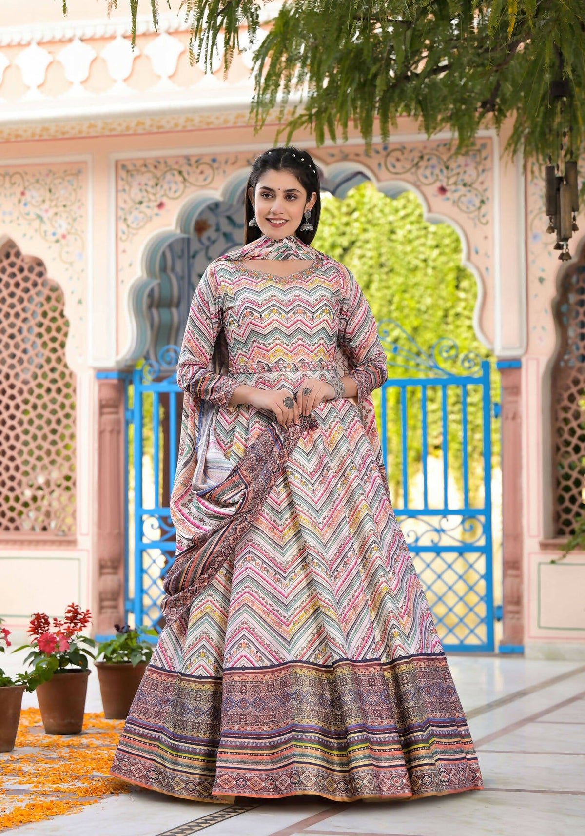 Functional Designer Off White-Muliti Dola Silk Anarkali suit with Dupatta - Ramya | Grocsy