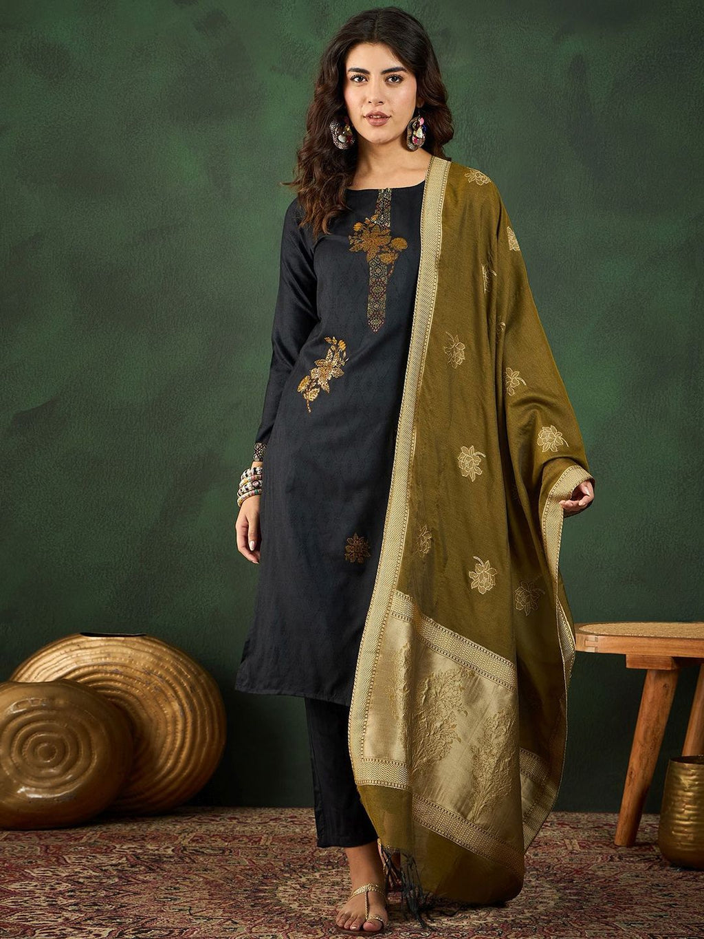 Sangria Self Designed Straight Kurta & Trousers With Dupatta | Grocsy