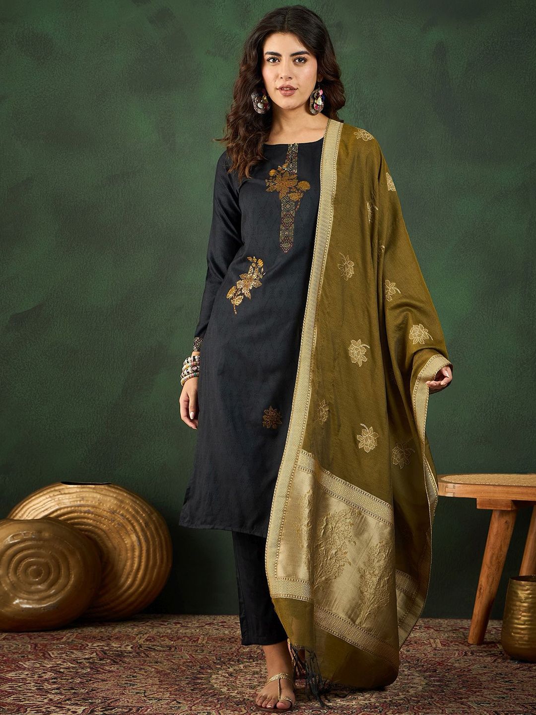 Sangria Self Designed Straight Kurta & Trousers With Dupatta | Grocsy