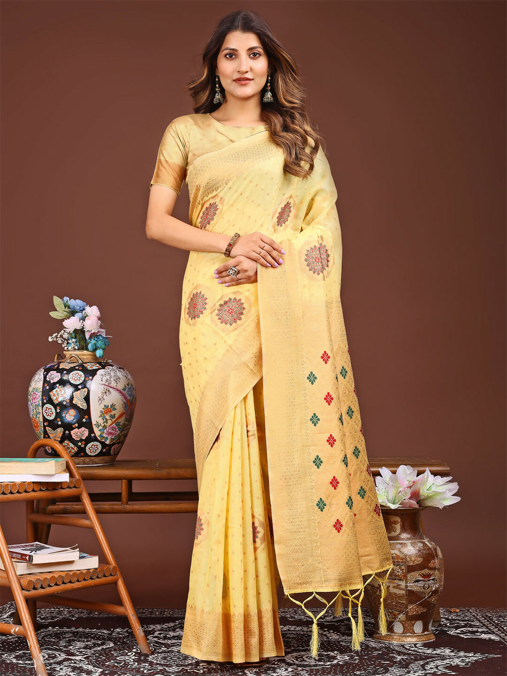 Shree Shyam Fashion Neerja Yellow Linen Cotton Saree | Grocsy