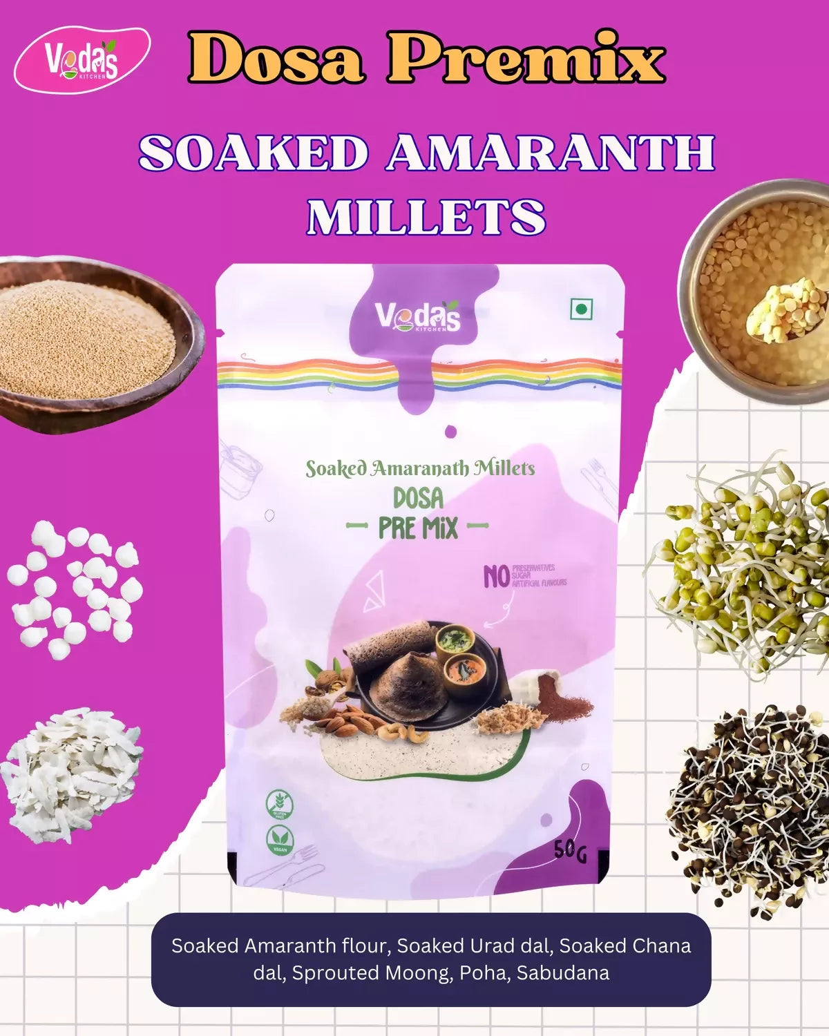 Vedas Kitchen Soaked Amaranth Millets Dosa Premix | Grocsy