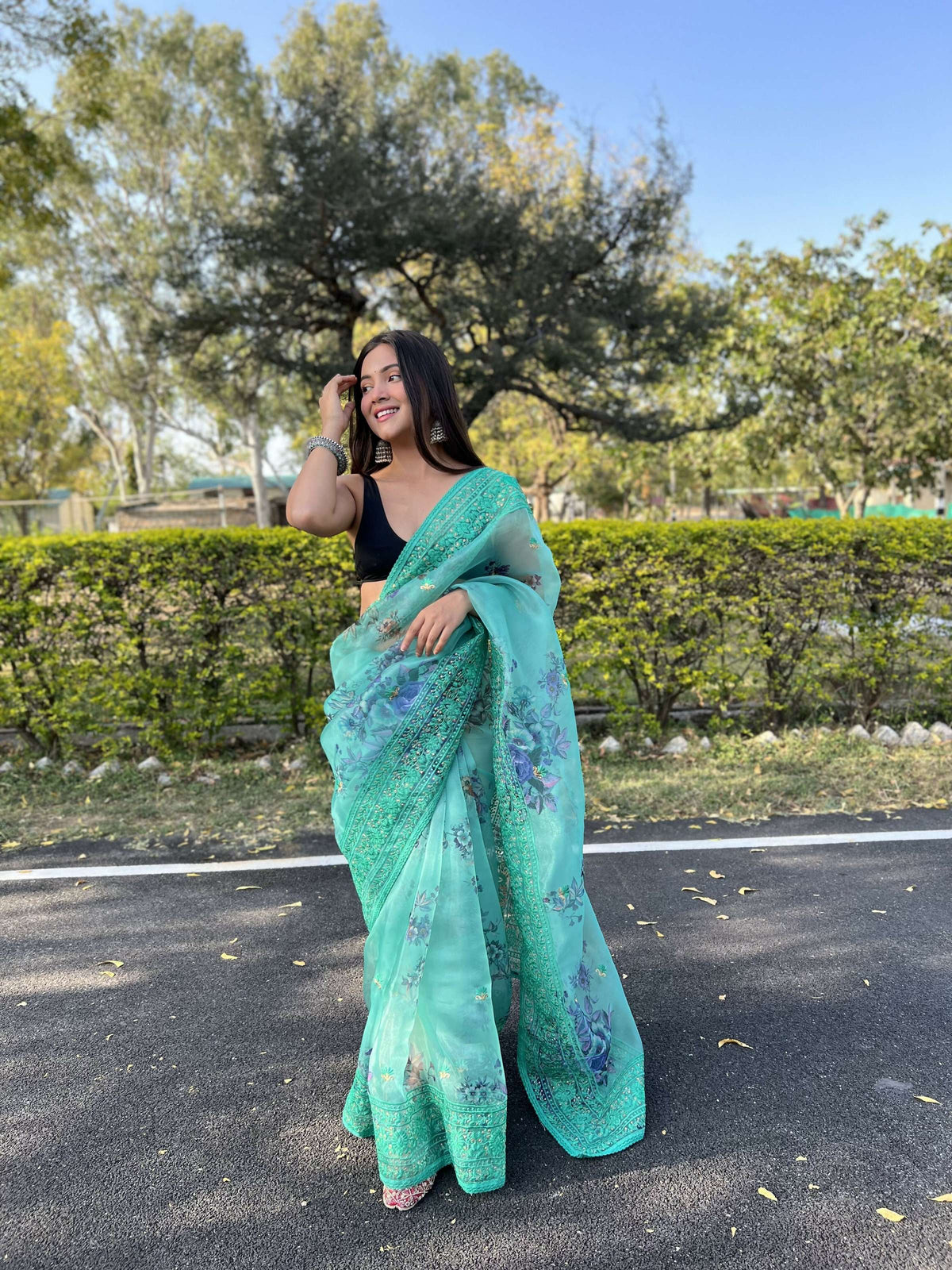 Vamsee Vidhi 1 Blue Organza Saree | Grocsy