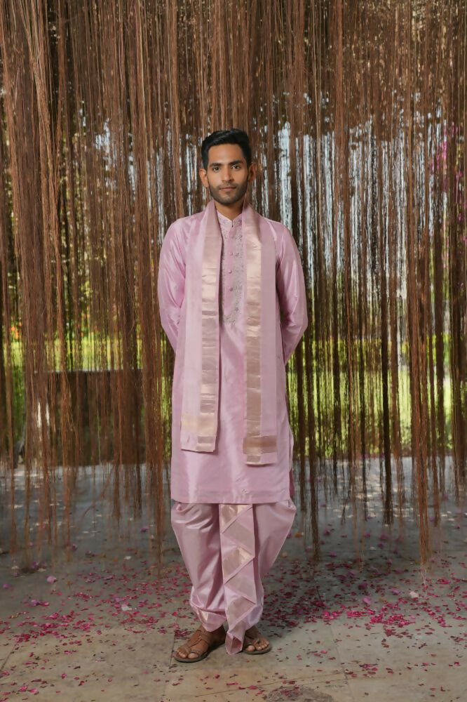 Lavender Kanjivaram Machien Embroidered Pattu Set by Hilo Design | Grocsy