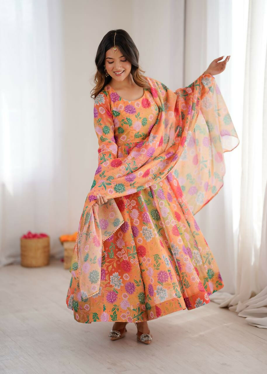 Teeya Creation Orange Soft Organza Digital Printed Party Wear Long Gown | Grocsy