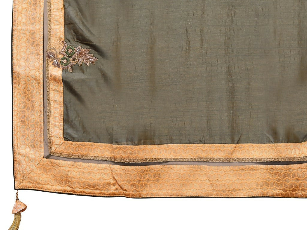 Olive Tusser Silk Resham Cord And Sequins Embroidery Handwork Butta Saree - Norita Saumya | Grocsy