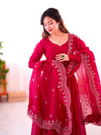 Joban Fashion Red Chinnon Silk Sequence Embroidery Work Readymade Kurta Set | Grocsy
