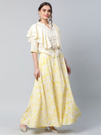 Ahalyaa Women Crepe Cream Solid Top with Printed Skirt with Ruffle Details | Grocsy