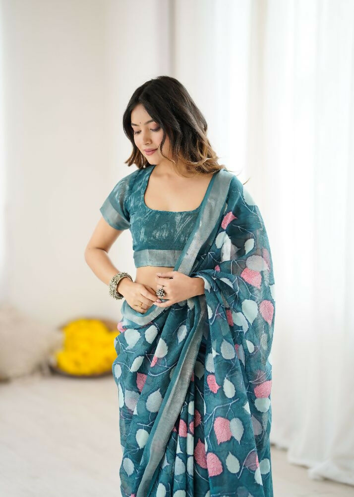 PR Fashion Morpich Linen Patta Printed Saree | Grocsy