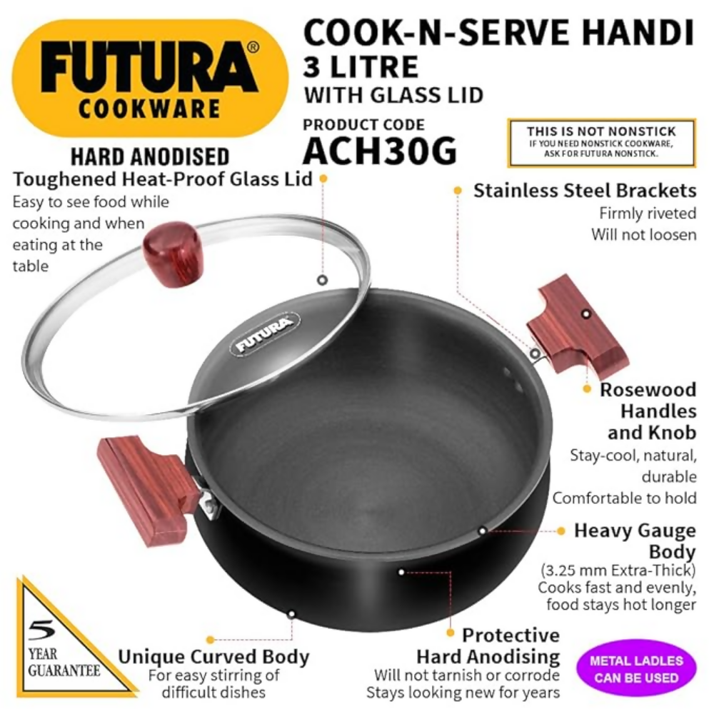 Hawkins Futura Cook N Serve Handi, Hard Anodised Biryani Handi with Glass Lid Non-Stick Saucepan | Grocsy
