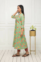 Myshka Women Green Floral Rayon A-Line Round Neck Kurtas | Grocsy