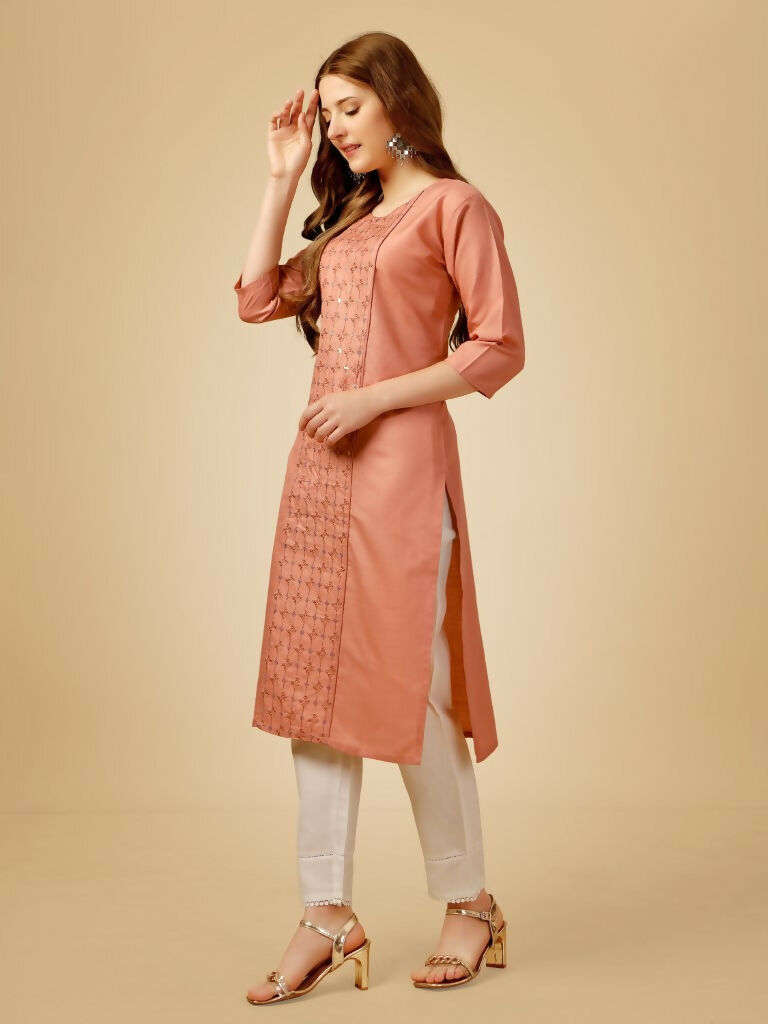 Jyoti Fashion Women's Gajri Cotton Blend Embroidered Kurta Pant Set | Grocsy