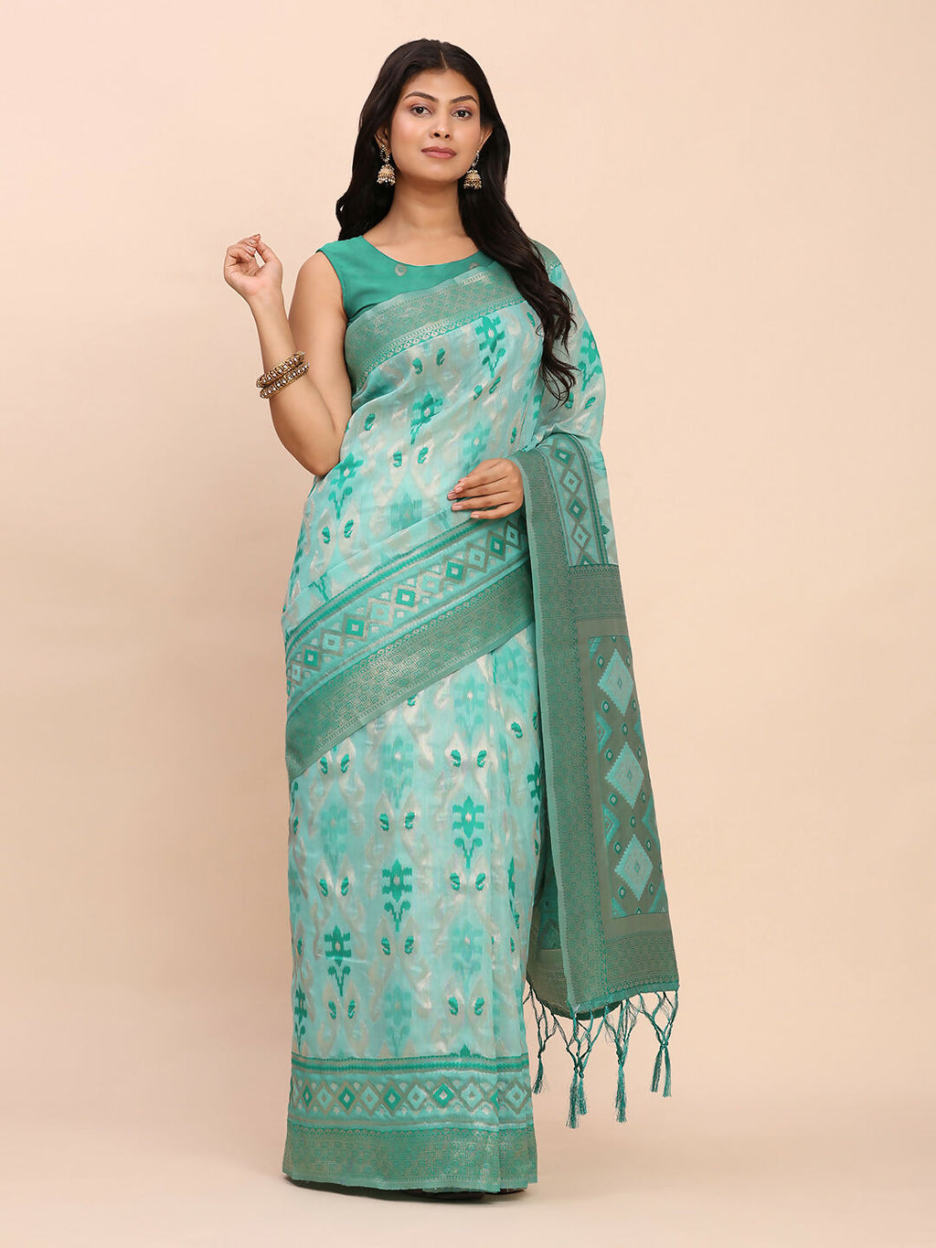 Shree Shyam Fashion Linen Cotton Sea Green Saree | Grocsy