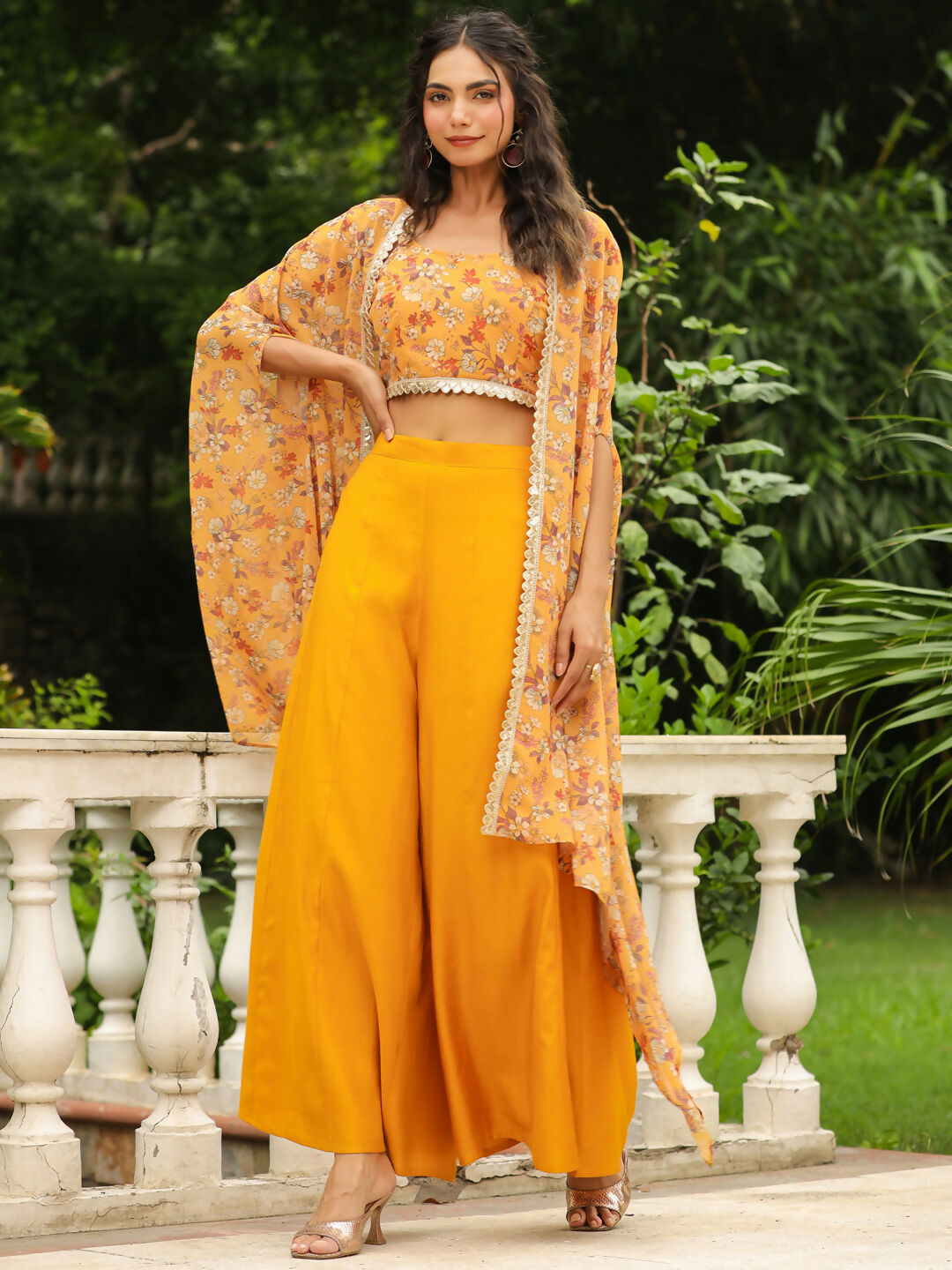 Janasya Mustard Georgette Floral Top Bottom Cape | Grocsy