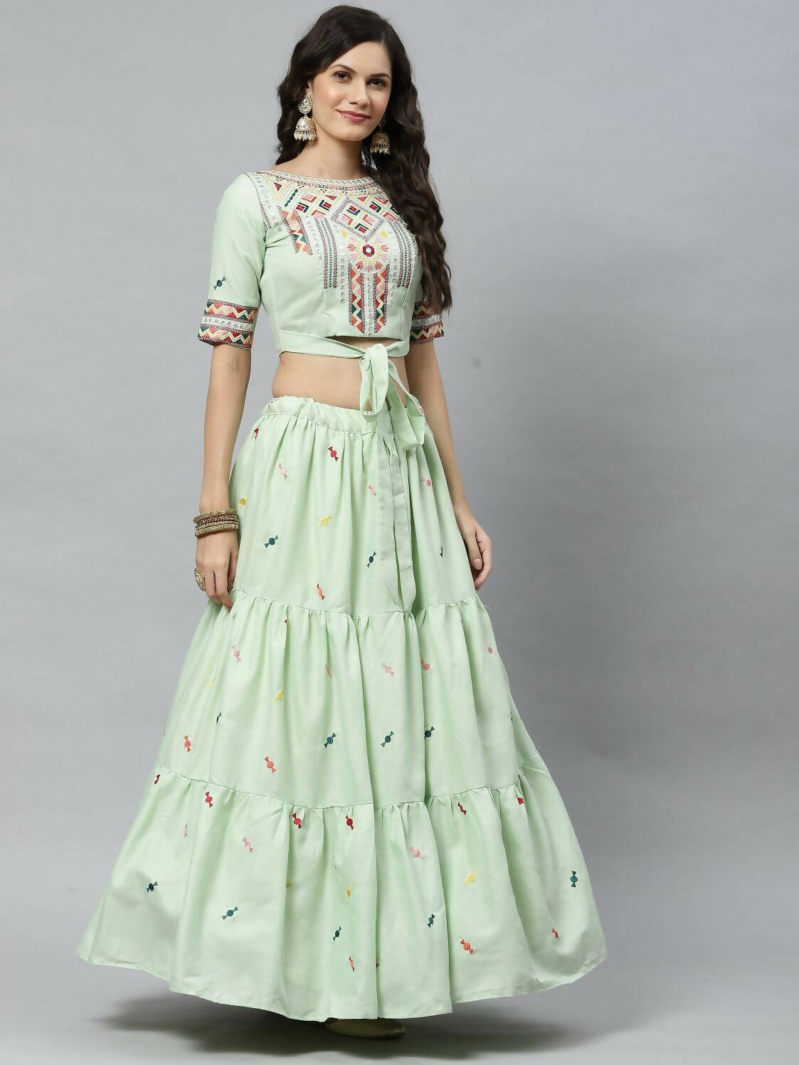 Pista Cotton Embroidered Work Lehenga Choli with Dupatta - Jivika | Grocsy