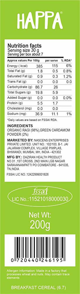 Happa Organic Baby Food Sprouted Ragi Porridge Mix-Stage 2 | Grocsy