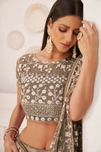 Aastha Fashion Chocolate Brown Butterfly Net White Cotton Thread Work, Zari Work And Sandwich Sequence Work Embroidery Wedding Wear Lehenga Choli | Grocsy
