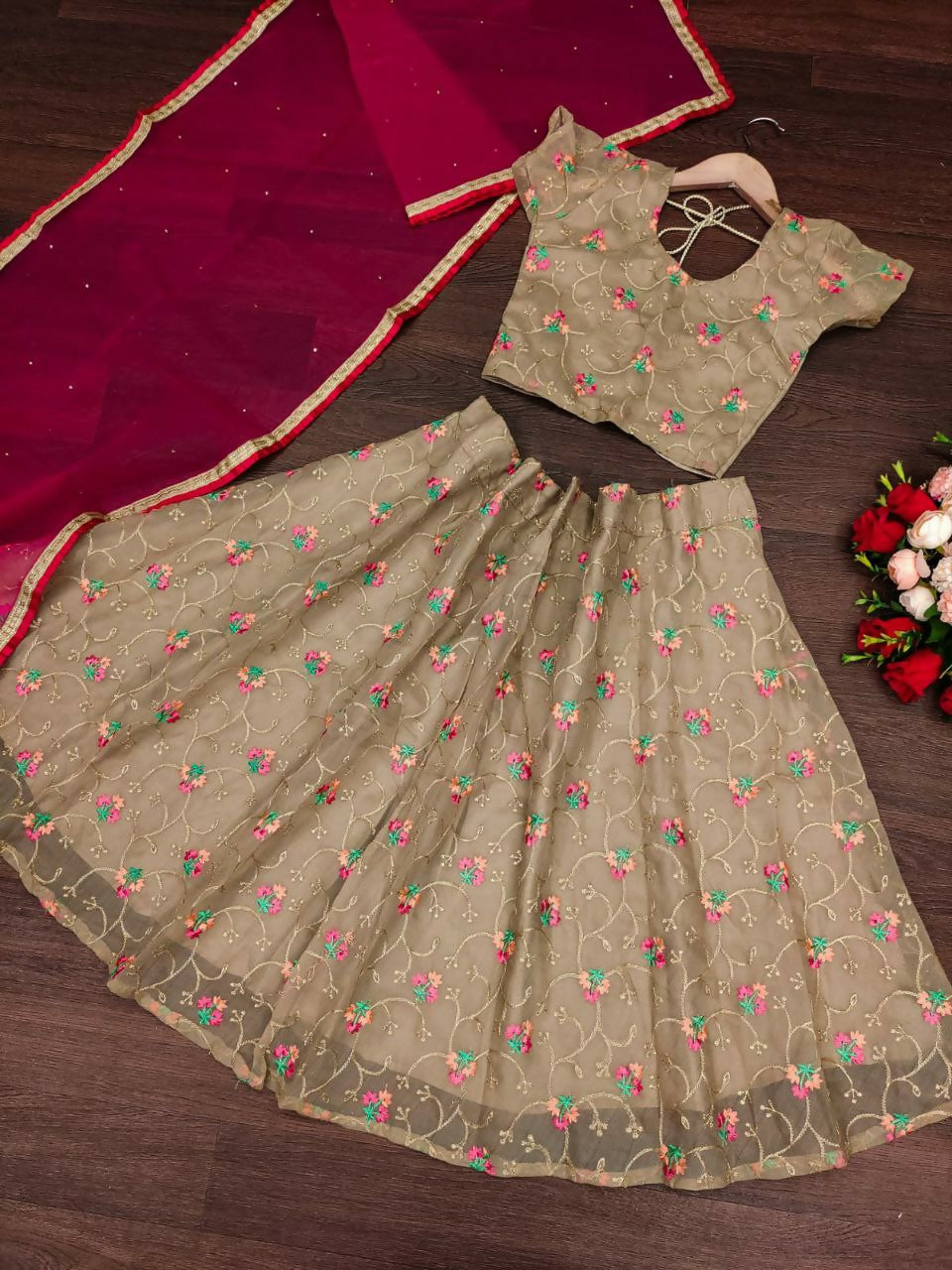 Jyoti Fashion Beautiful Beige Organza Silk Embroidered Kids Lehenga Choli Set | Grocsy