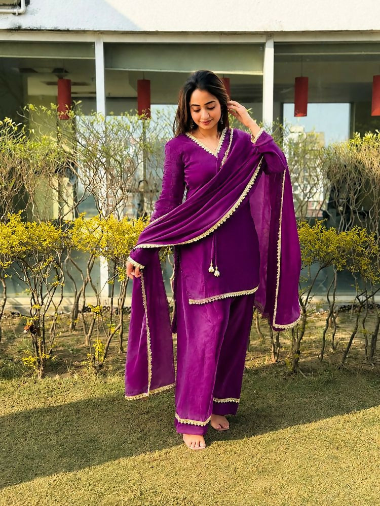 Teeya Creation New Trendy Elegant Wine Chanderi Silk Kurta Set with Delicate Lace Detailing and Matching Dupatta | Grocsy
