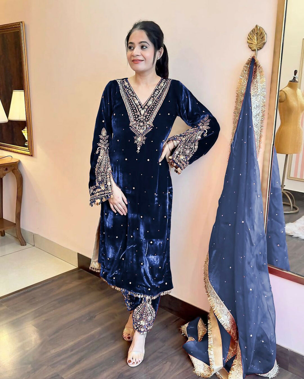 Joban Fashion deep navy blue Velvet Embroidery Kurta Set | Grocsy