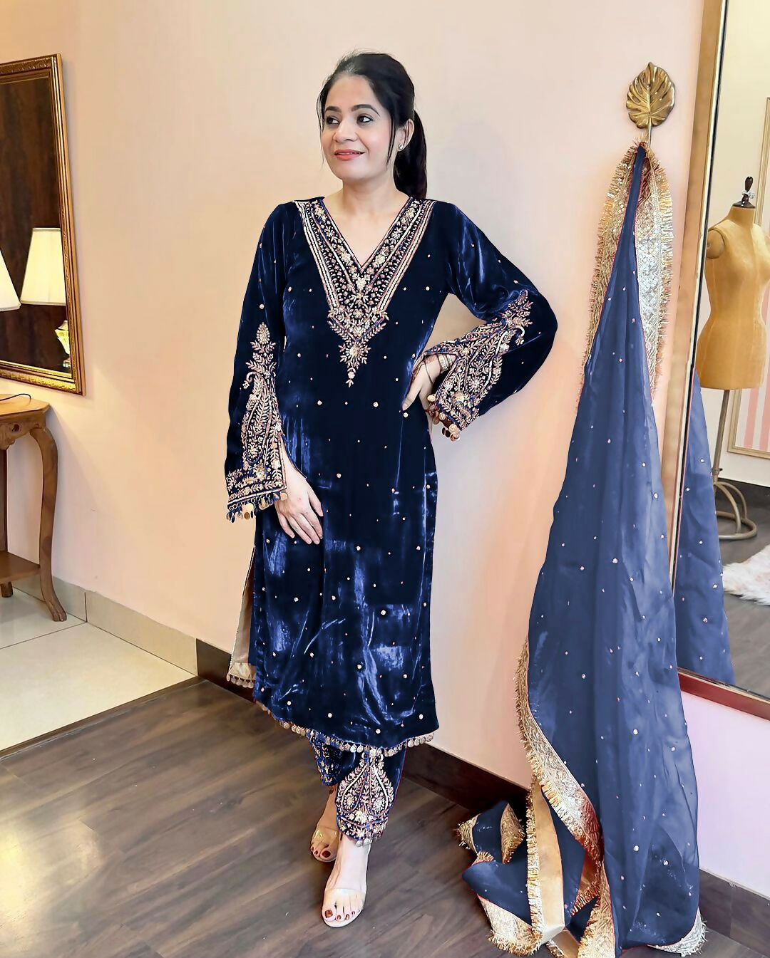 Joban Fashion deep navy blue Velvet Embroidery Kurta Set | Grocsy