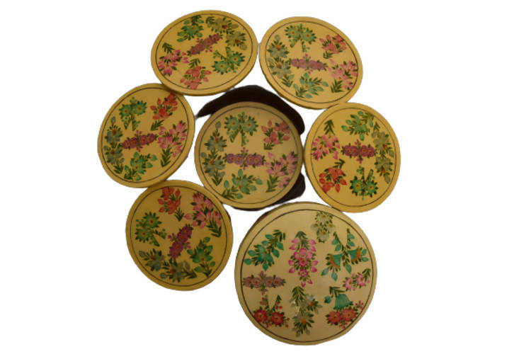 Nizalia Floral Motif Embossed Cream Paper Mache Round Coasters | Grocsy