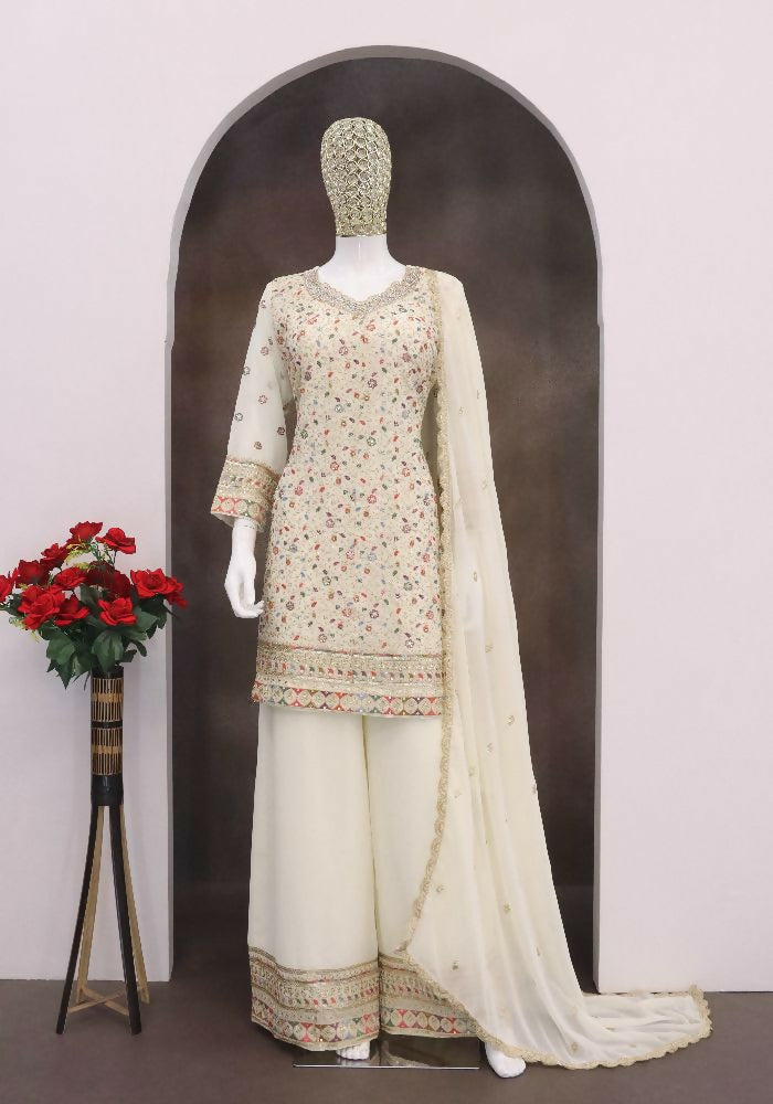 Anaita Off-white Embroderied Faux Georgette Stitched Plazzo Suit | Grocsy