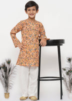 Little Bansi Boys Cotton Block Floral Kurta with Pearl Buttons & Pyjama in Orange & Cream | Grocsy
