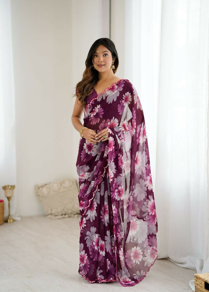 PR Fashion Purple Georgette Printed With Mirror Work Saree | Grocsy