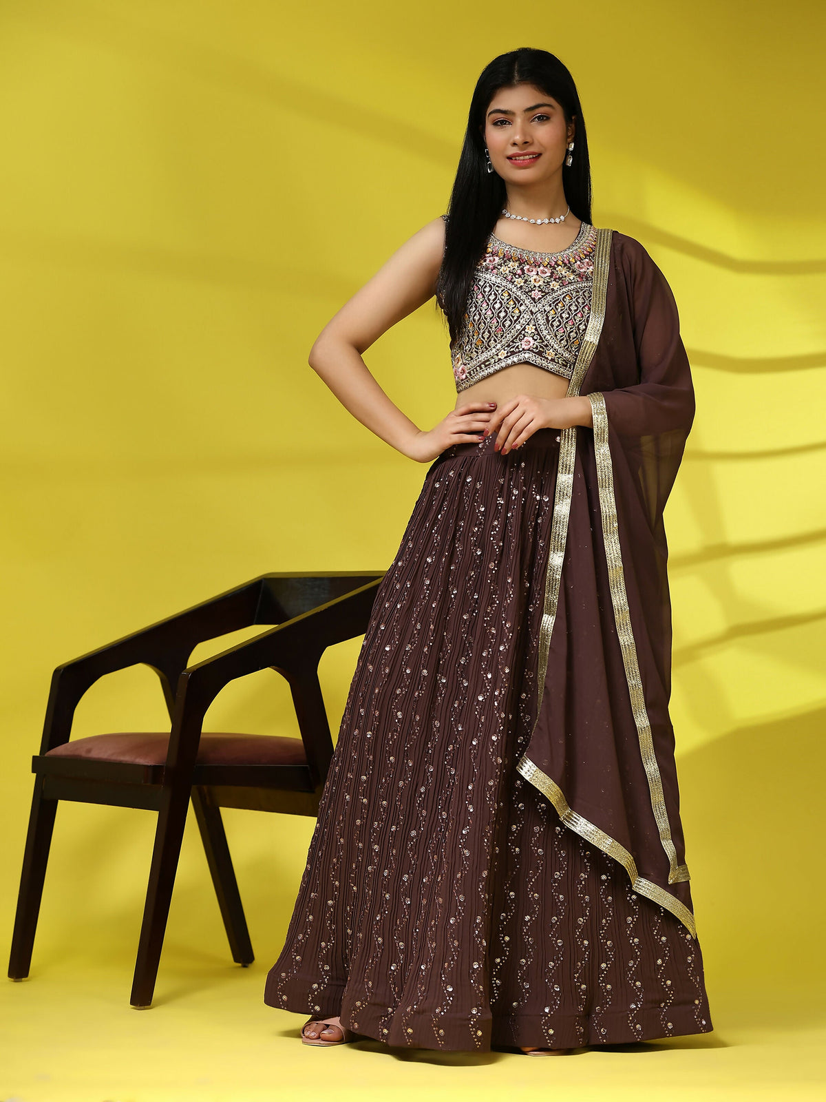 Brown Georgette Embroidered Lehenga choli with Dupatta - Dhara | Grocsy