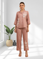 Joban Fashion Pink Cotton, Linen Embroidered Readymade Cord Set | Grocsy