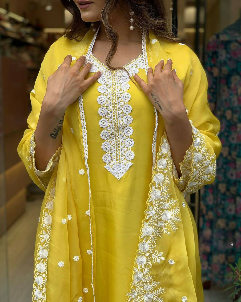 The52 Yellow Women's Gorgeous Embroidered Georgette Fabric Straight Kurta Pant with Dupatta Set | Grocsy
