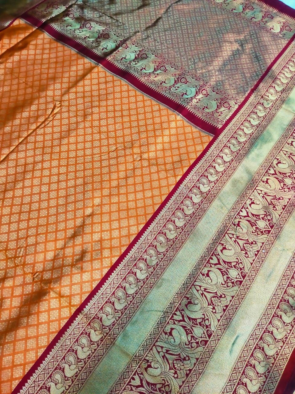 DEIANA'S Beautiful Designer Golden zari Soft Lichi Silk Saree - Orange | Grocsy