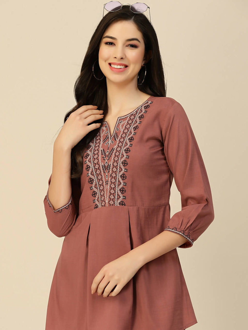 Brown Chinon Floral Embroidered Top - Zeny | Grocsy