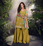 Anaita Mustard Embroidered Shimmer Stitched Plazo suit | Grocsy