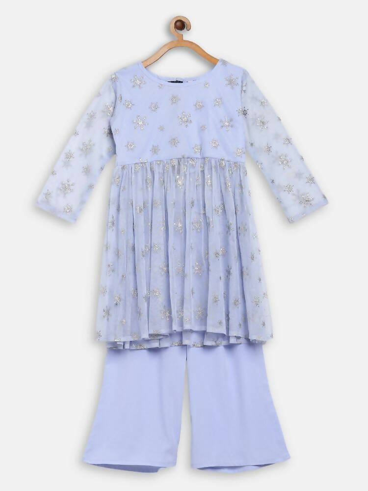 Ahalyaa Blue Net Kids Kurta Palazzo Sets For Girls | Grocsy