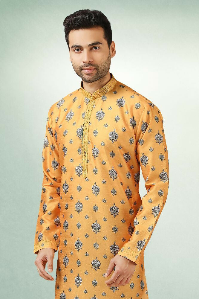 Raivat Ethnic Art Silk Printed Work Kurta Pajama In Yellow Colour | Grocsy