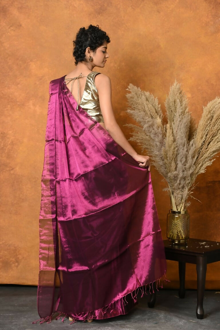 Very Much Indian Fusion Cotton Tissue Shimmer Saree - Maroon | Grocsy
