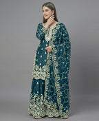 Teeya Creation Womens New Trendy Pure Gmy Silk With Heavy Embroidery Sequence Work Teal Kurta Set | Grocsy