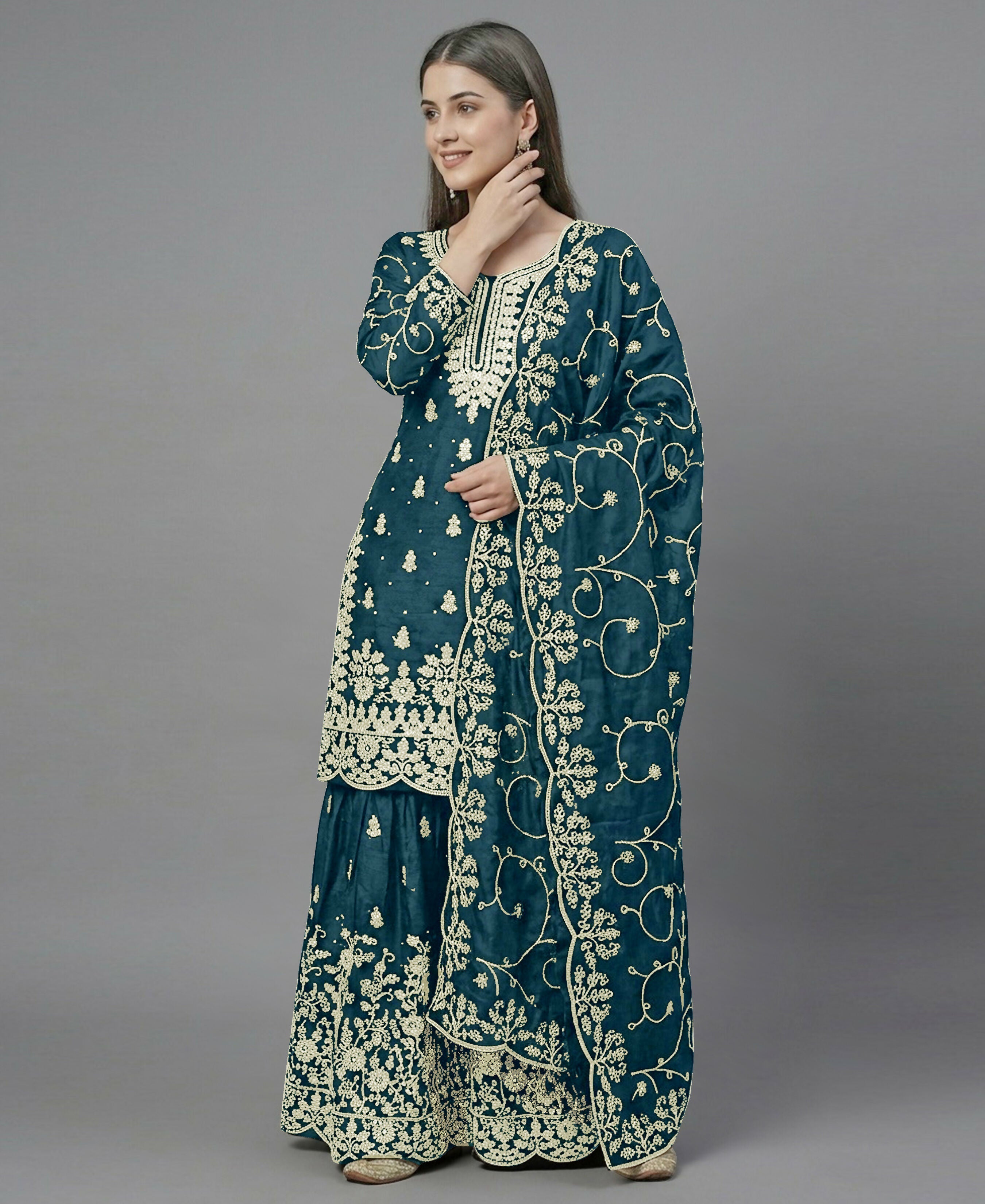 Teeya Creation Womens New Trendy Pure Gmy Silk With Heavy Embroidery Sequence Work Teal Kurta Set | Grocsy
