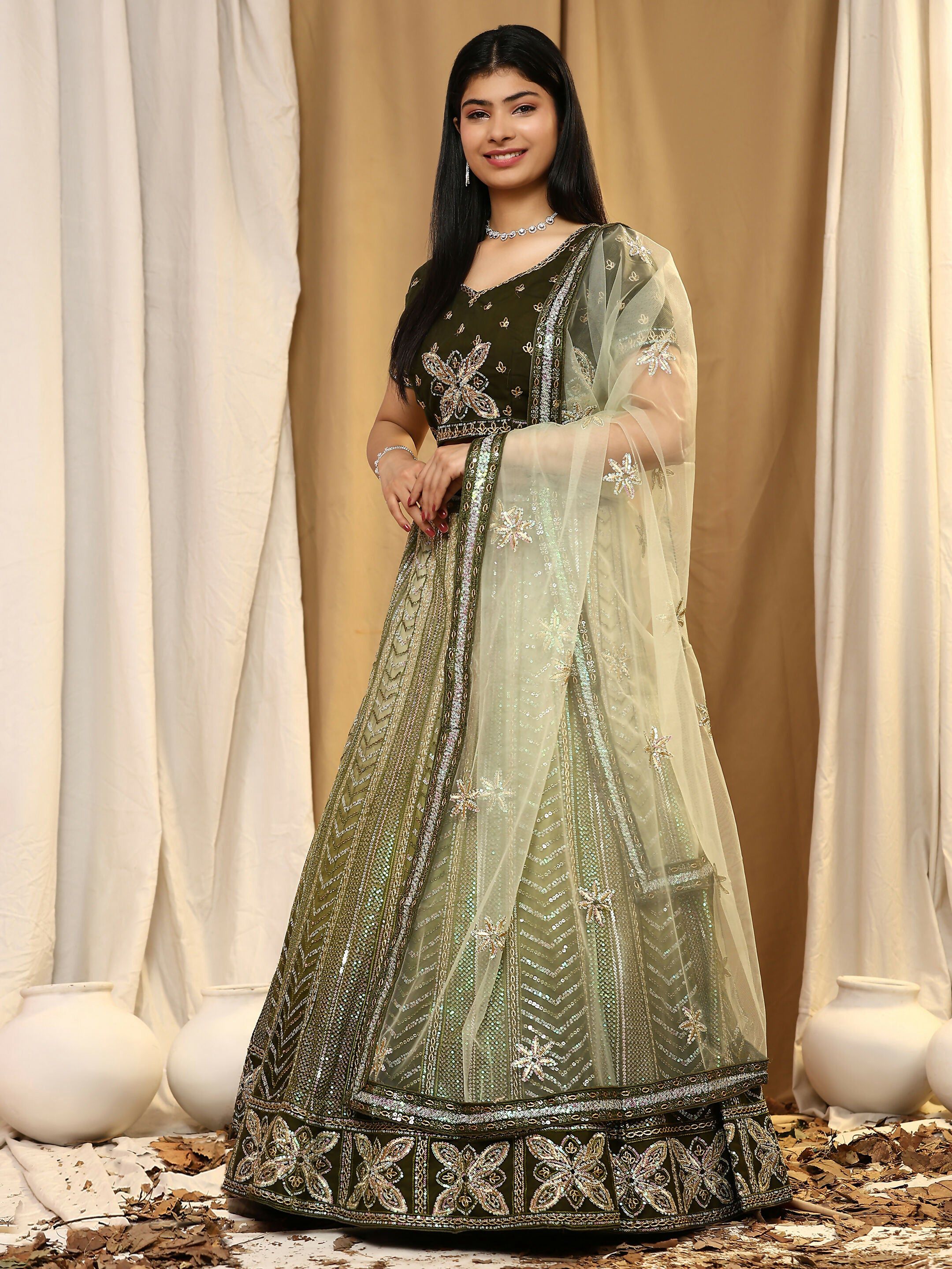 Green Fancy Net Sequence Embroidered Lehenga Choli with Dupatta - Dhara | Grocsy
