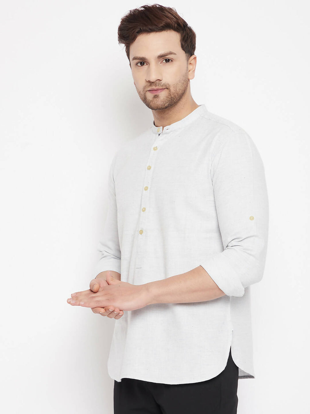 Even Apparels Cream Acrylic Short Men's Kurta With Band Collar | Grocsy