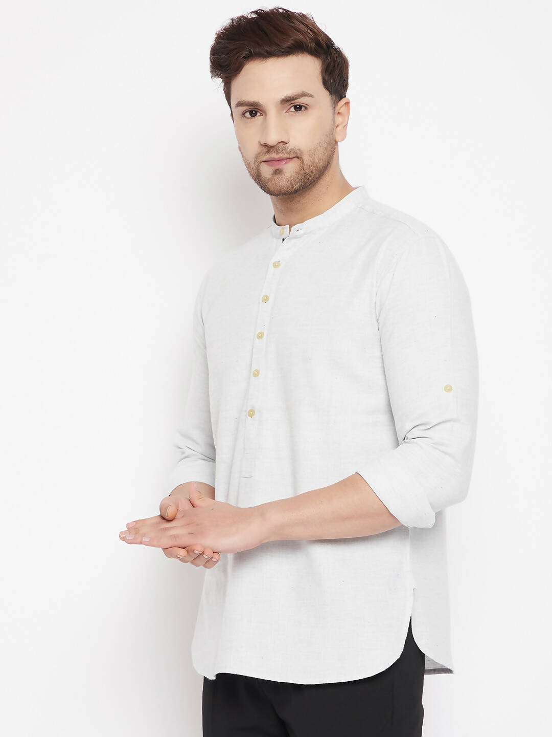 Even Apparels Cream Acrylic Short Men's Kurta With Band Collar | Grocsy