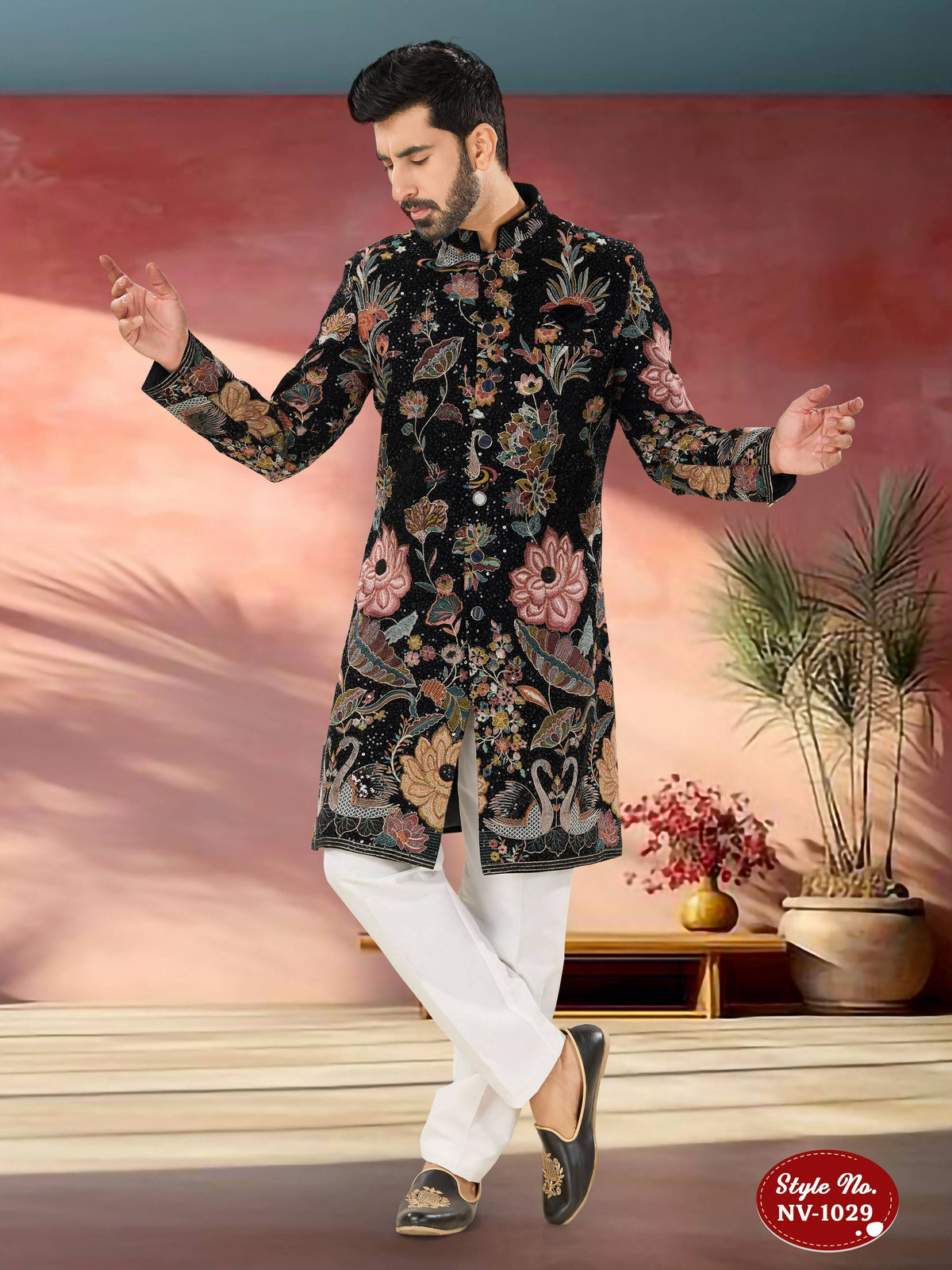 Joban Fashion Men's Blue Base ( Multi-Colour ) Straight Velvet Thread And Sequence Embroidary All Over Indo-Western Kurta Set | Grocsy