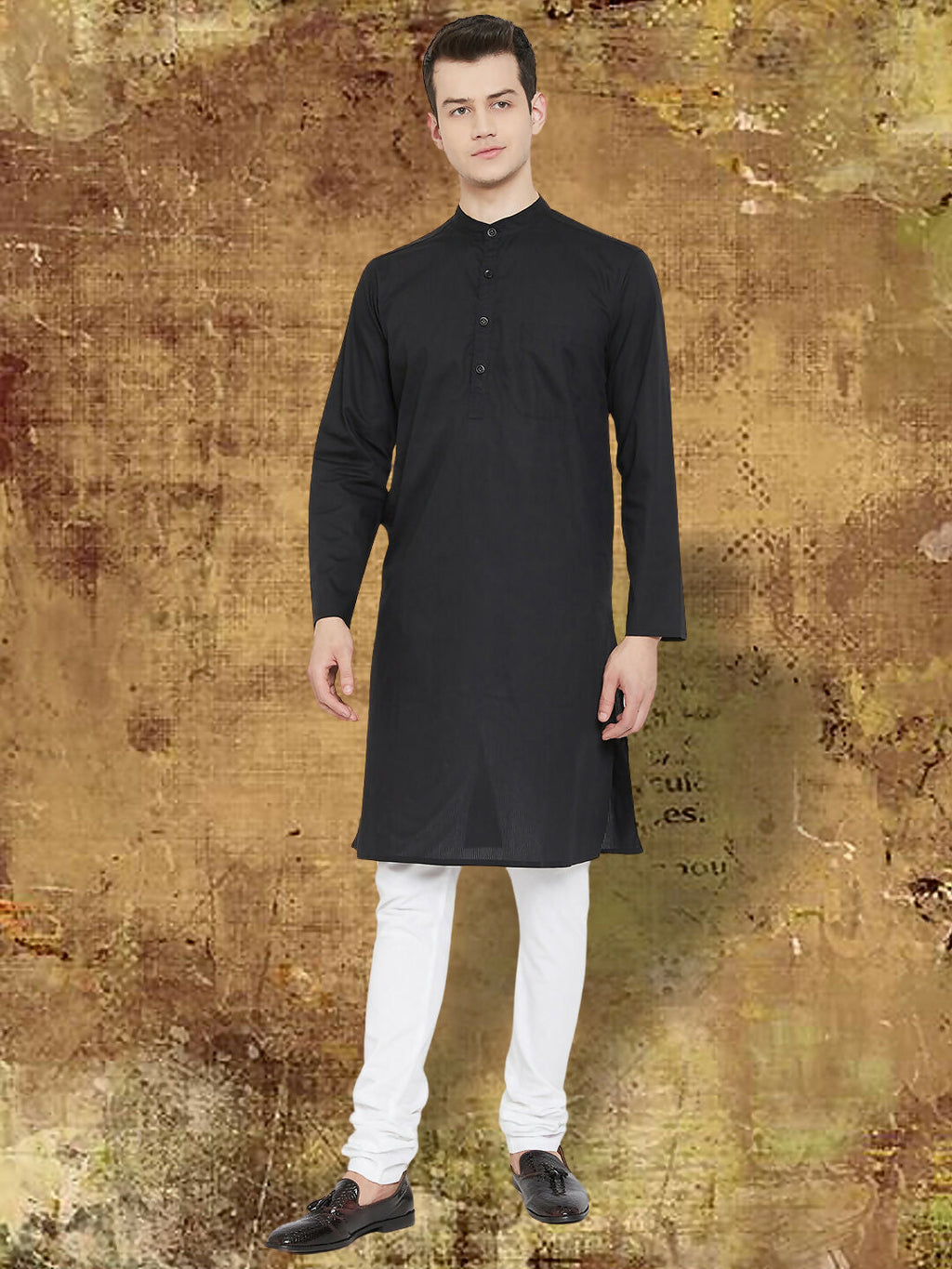 Even Apparels Men's Pure Cotton Black Kurta | Grocsy