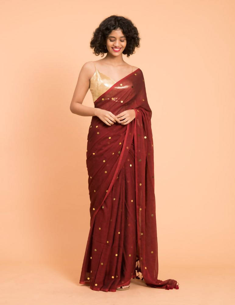 Suta Maroon Embellished Sequinned Pure Cotton Saree | Grocsy