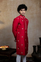 Falling Raw Silk Red Kumkuma Kurta Set By Hilo Design | Grocsy