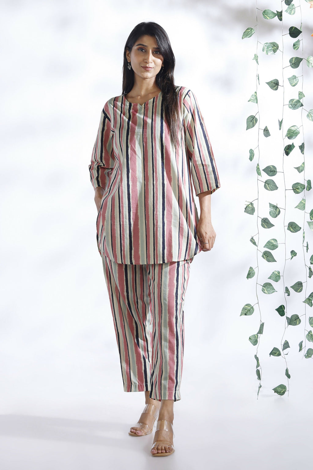 Breathables Women’S Pink Cotton Stripes Loungewear Co-Ord Set | Grocsy