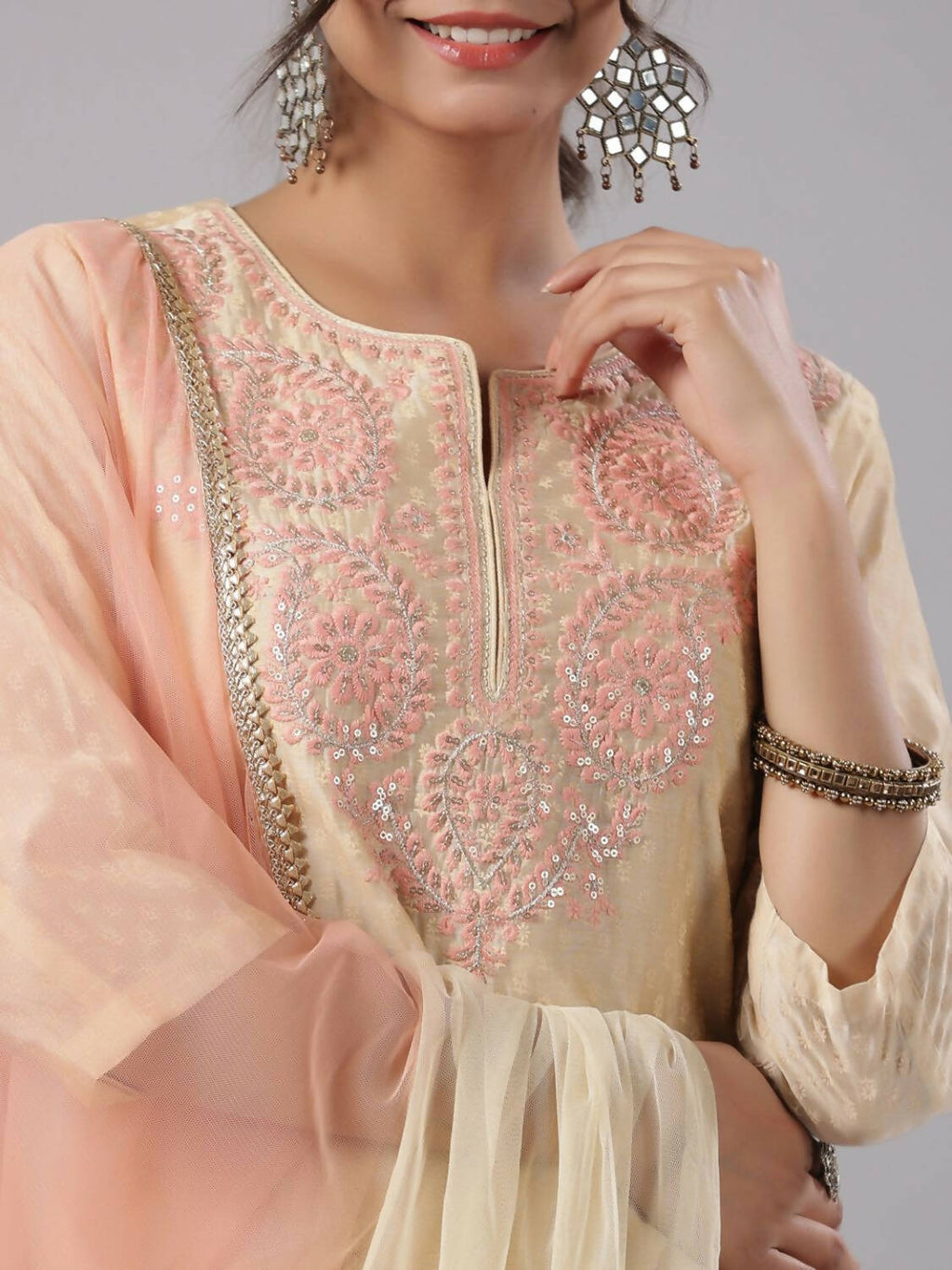 Juniper Women Gold Modal Chanderi Embroidered Kurta, Pants and Dupatta Set | Grocsy