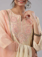 Juniper Women Gold Modal Chanderi Embroidered Kurta, Pants and Dupatta Set | Grocsy
