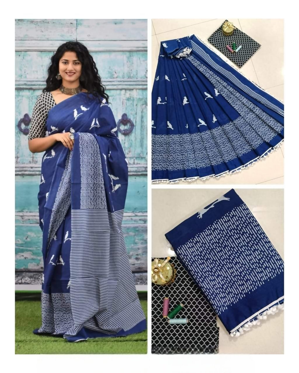 Exclusive Collection Blue Red Beautiful Mulmul Cotton Saree | Grocsy